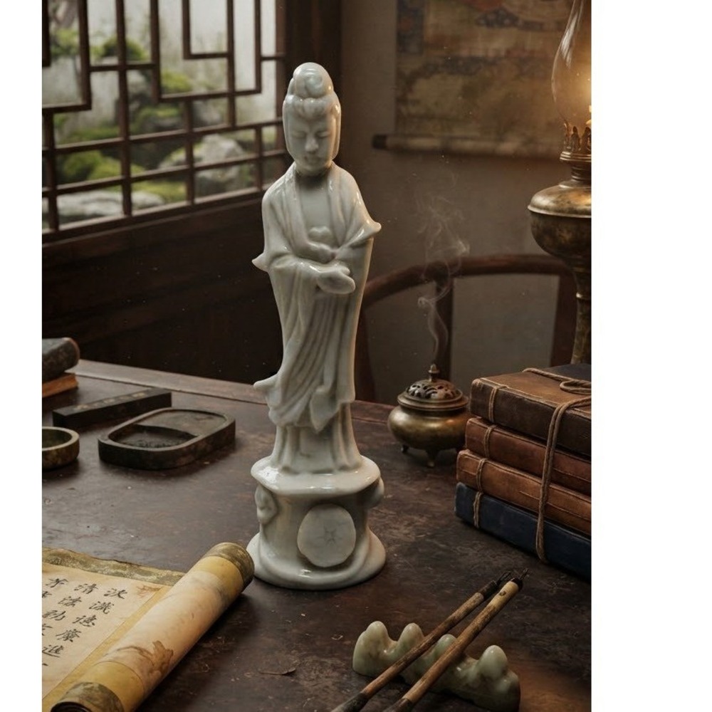 Vintage White Porcelain Guan Yin Statue Japan 6 Inch Standing Figurine Goddess